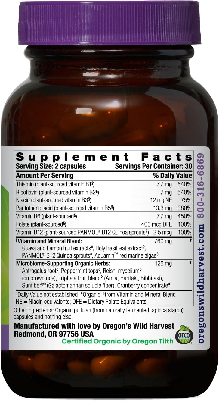 Oregon's Wild Harvest B Complex Capsules | 60 USDA Certified Organic Vegan Capsules | Whole Food B Vitamins with Microbiome-Supporting Herbs | Non-GMO, Gluten-Free, Dairy-Free, Soy-Free