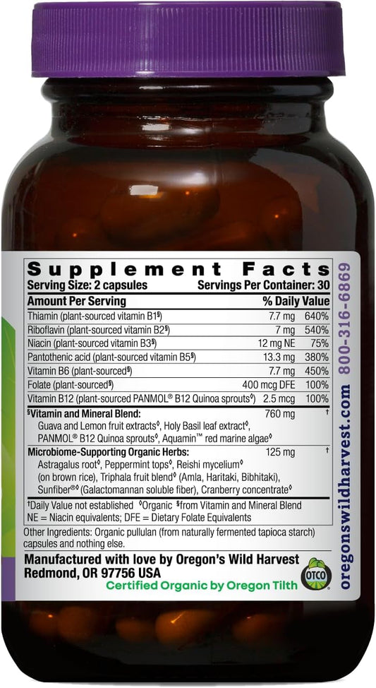 Oregon's Wild Harvest B Complex Capsules | 60 USDA Certified Organic Vegan Capsules | Whole Food B Vitamins with Microbiome-Supporting Herbs | Non-GMO, Gluten-Free, Dairy-Free, Soy-Free